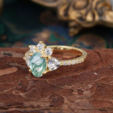 2 Carat Cluster Moss Agate Promise Ring Unique Oval Shaped Pave Halo Ring